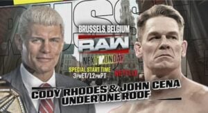A WWE Monday Night Raw graphic advertising the first-ever meeting of John Cena and Cody Rhodes since Elimination Chamber: Toronto 2025.