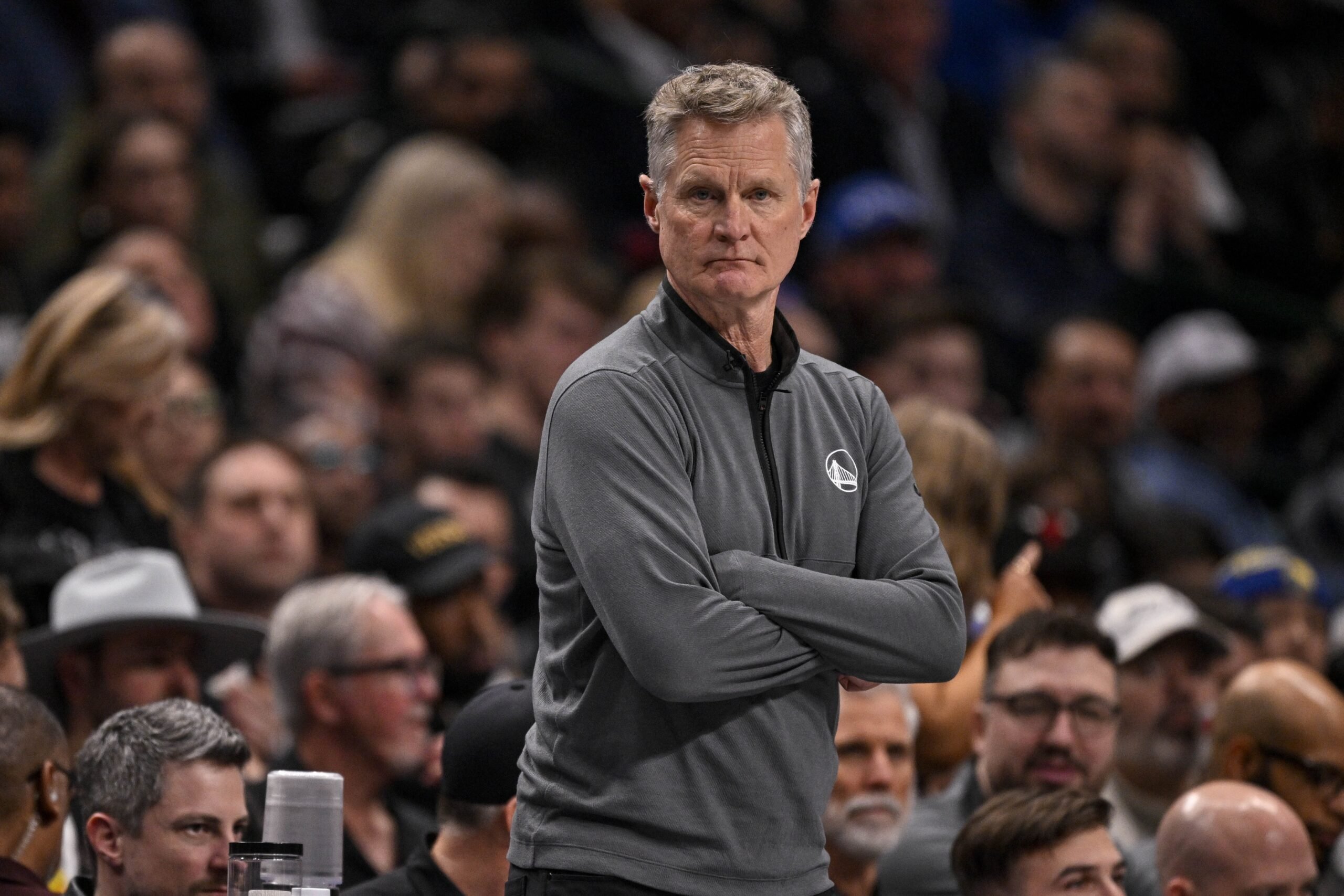 Feb 12, 2025; Dallas, Texas, USA; Golden State Warriors head coach Steve Kerr during the game between the Dallas Mavericks and the Golden State Warriors at the American Airlines Center. Mandatory Credit: Jerome Miron-Imagn Images Jimmy Butler