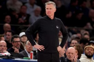 Mar 4, 2025; New York, New York, USA; Golden State Warriors head coach Steve Kerr coaches against the New York Knicks during the second quarter at Madison Square Garden. Mandatory Credit: Brad Penner-Imagn Images Draymond Green