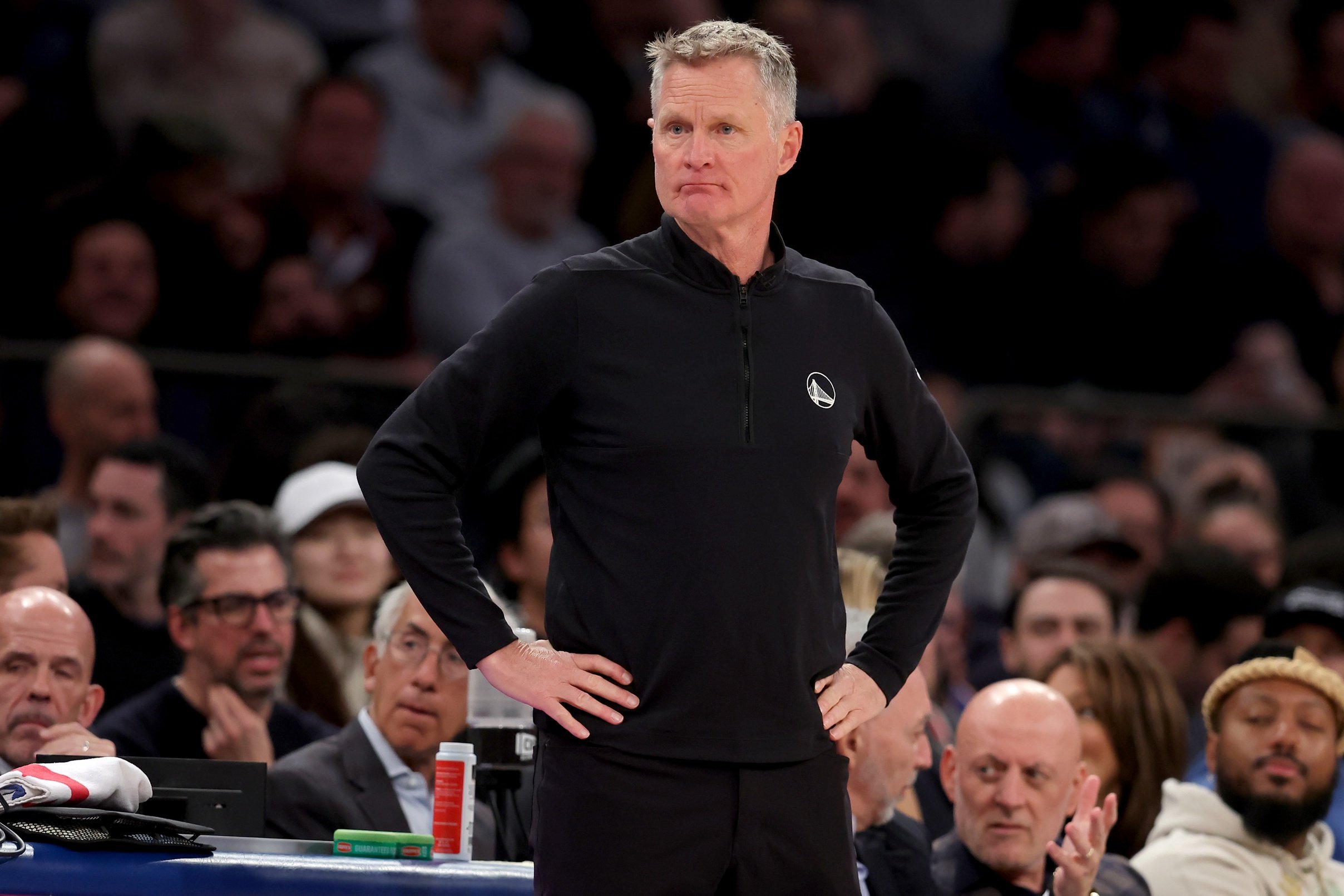 Mar 4, 2025; New York, New York, USA; Golden State Warriors head coach Steve Kerr coaches against the New York Knicks during the second quarter at Madison Square Garden. Mandatory Credit: Brad Penner-Imagn Images Draymond Green